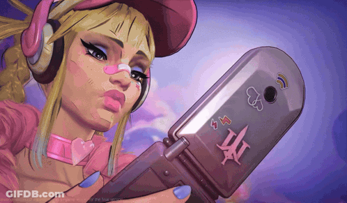A Cartoon Of A Girl With Headphones Holding A Flip Phone That Says ' I Love You ' On It GIF