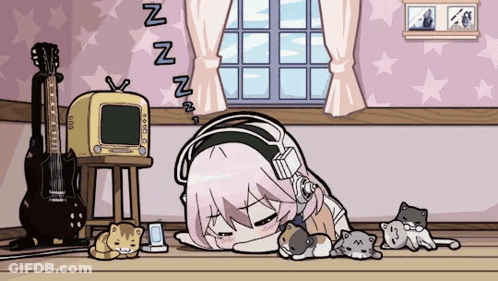 A Cartoon Of A Girl With Headphones Sleeping On The Floor GIF