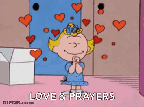 A Cartoon Of A Girl With Hearts Around Her And The Words Love And Prayers GIF