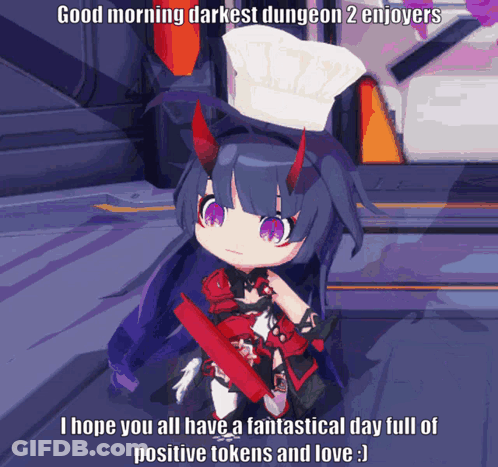 A Cartoon Of A Girl With Horns And A Chef 'S Hat Says Good Morning Darkest Dungeon 2 Enjoyers GIF