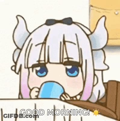 A Cartoon Of A Girl With Horns Drinking From A Cup And Saying Good Morning . GIF