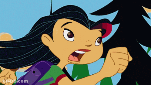 A Cartoon Of A Girl With Long Black Hair And A Green Shirt With A Red Star On It GIF