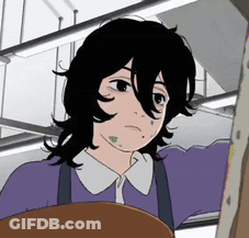 A Cartoon Of A Girl With Long Black Hair And A Purple Shirt . GIF
