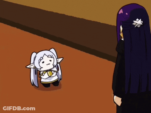 A Cartoon Of A Girl With Long Purple Hair Standing Next To A Small White Elf GIF