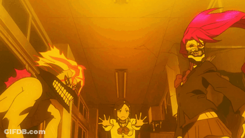 A Cartoon Of A Girl With Long Red Hair Standing Next To A Monster With Teeth GIF