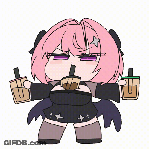 A Cartoon Of A Girl With Pink Hair Drinking A Bubble Tea GIF