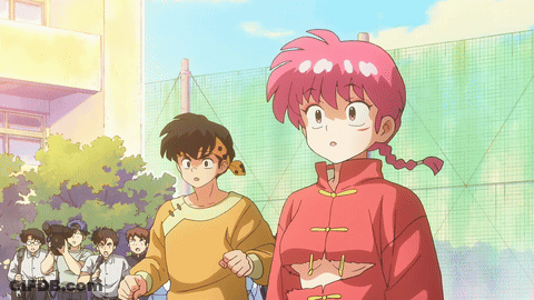 Girl With Pink Hair Next To Boy In Yellow GIF