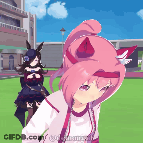 A Cartoon Of A Girl With Pink Hair Standing Next To Another Girl With Purple Hair GIF