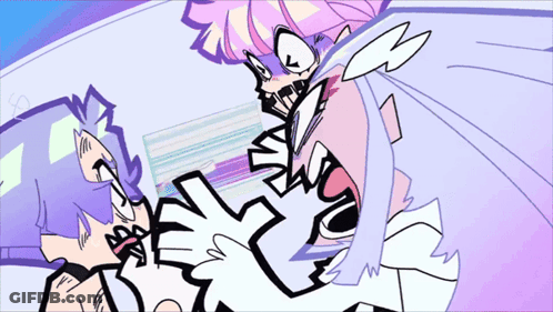 A Cartoon Of A Girl With Purple Hair And A White Dress GIF