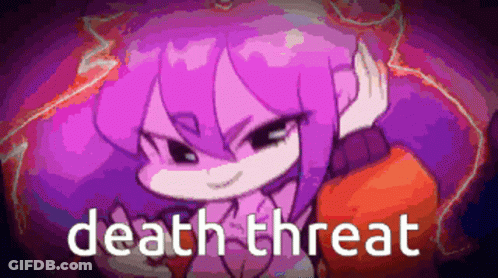 A Cartoon Of A Girl With Purple Hair And The Words Death Threat On The Bottom GIF