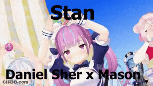 A Cartoon Of A Girl With Purple Hair And The Words " Stan Daniel Sher X Mason " GIF