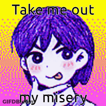 A Cartoon Of A Girl With Purple Hair And The Words Take Me Out My Misery . GIF