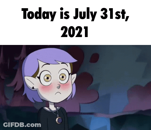 A Cartoon Of A Girl With Purple Hair Says Today Is July 31St , 2021 . GIF