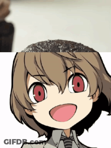 A Cartoon Of A Girl With Red Eyes And A Striped Tie GIF