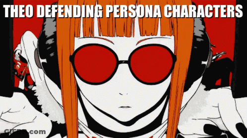 A Cartoon Of A Girl With Red Glasses And The Words " Theo Defending Persona Characters " GIF