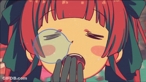 A Cartoon Of A Girl With Red Hair And Green Ribbons Looking Through A Magnifying Glass GIF