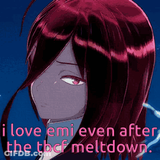 A Cartoon Of A Girl With Red Hair And The Words " I Love Emi Even After The Tbcf Meltdown " GIF