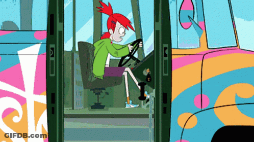 A Cartoon Of A Girl With Red Hair Driving A Colorful Bus GIF