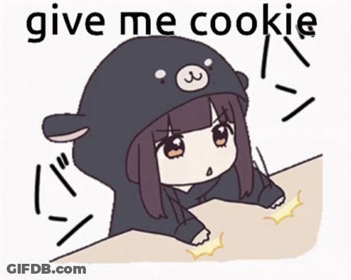 A Cartoon Of A Girl With The Words Give Me Cookie Written On The Bottom GIF