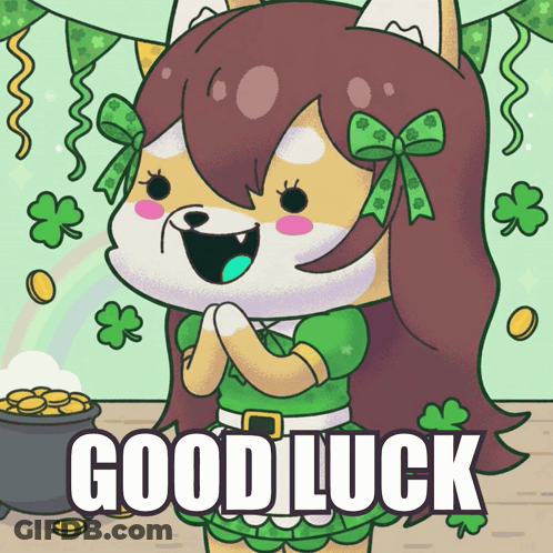 A Cartoon Of A Girl With The Words Good Luck Written On The Bottom GIF