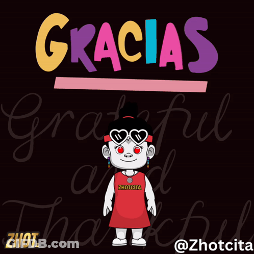 A Cartoon Of A Girl With The Words Gracias Grateful Thankful Behind Her GIF
