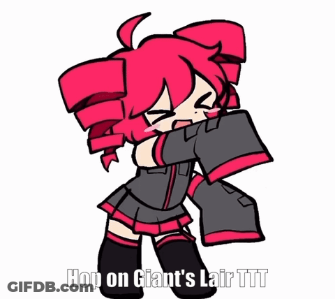 A Cartoon Of A Girl With The Words Hop On Giant 'S Lair Ttt Below Her GIF