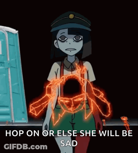 A Cartoon Of A Girl With The Words Hop On Or Else She Will Be Sad Written On The Bottom GIF