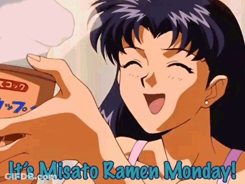 A Cartoon Of A Girl With The Words It 'S Misato Ramen Monday Above Her GIF