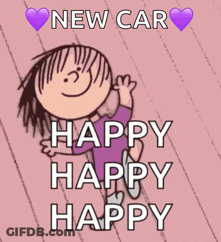 A Cartoon Of A Girl With The Words " New Car Happy Happy Happy " GIF
