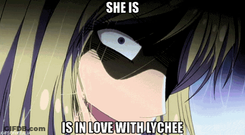 A Cartoon Of A Girl With The Words She Is In Love With Lychee GIF