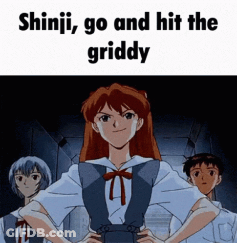 A Cartoon Of A Girl With The Words " Shinji Go And Hit The Griddy " Below Her GIF