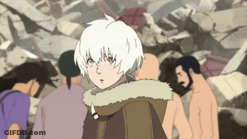 A Cartoon Of A Girl With White Hair Standing In A Crowd GIF