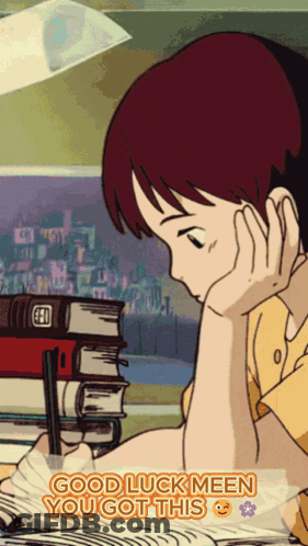 A Cartoon Of A Girl Writing In A Notebook With The Words " Good Luck Meen You Got This " GIF