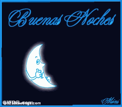 A Cartoon Of A Glowing Crescent Moon With The Words Buenas Noches Above It GIF