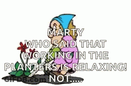A Cartoon Of A Gnome Saying That Working In The Planters Is Relaxing . GIF