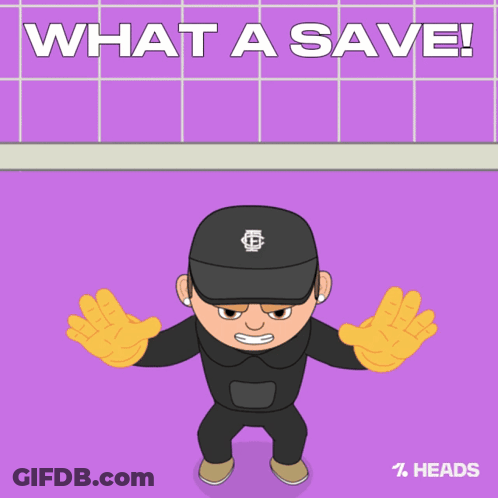 A Cartoon Of A Goalie Catching A Soccer Ball With The Words " What A Save " Above Him GIF
