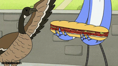 A Cartoon Of A Goose Looking At A Sandwich Being Held By A Bird With The Caption Linefromdisagreement GIF