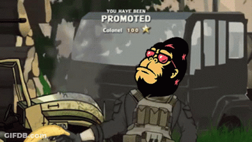 A Cartoon Of A Gorilla Holding A Banana With The Words " You Have Been Promoted " Above Him GIF