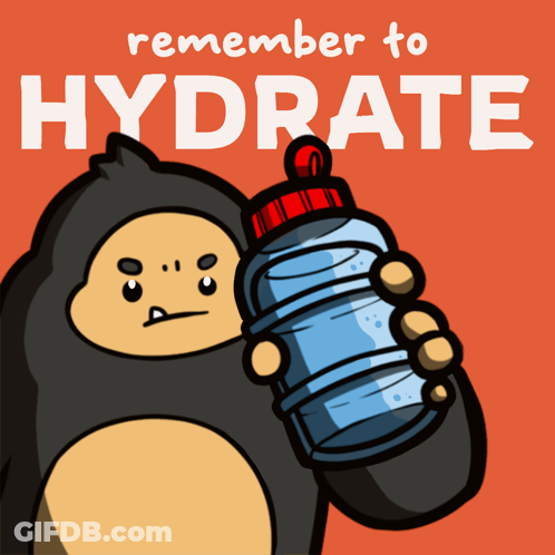 A Cartoon Of A Gorilla Holding A Bottle Of Water With The Words " Remember To Hydrate " Above It GIF