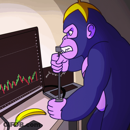 A Cartoon Of A Gorilla Holding A Hammer In Front Of A Computer Screen GIF