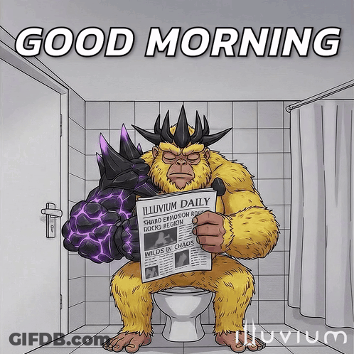 A Cartoon Of A Gorilla Sitting On A Toilet Reading A Newspaper With The Words Good Morning Above Him GIF