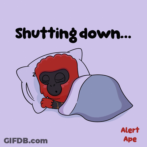 A Cartoon Of A Gorilla Sleeping Under A Blanket With The Words Shutting Down Above It GIF