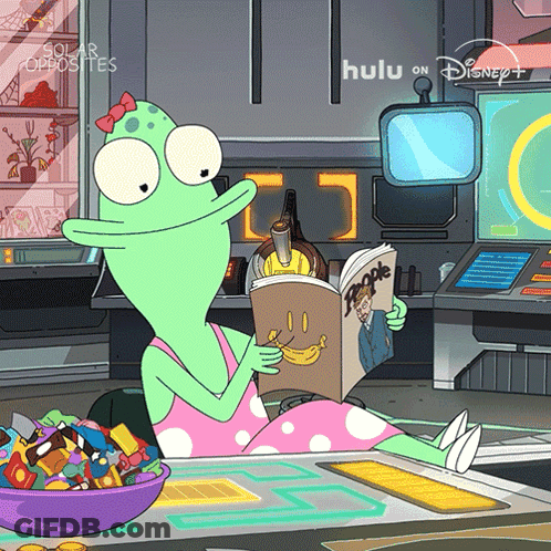 A Cartoon Of A Green Alien Reading A Book Called People GIF
