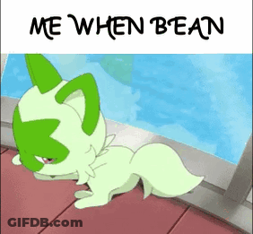 A Cartoon Of A Green And White Animal With The Words `` Me When Bean '' On The Bottom . GIF