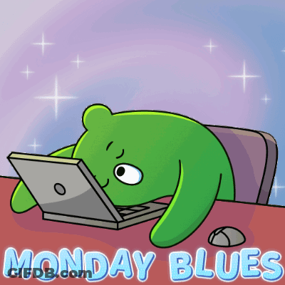 A Cartoon Of A Green Bear Using A Laptop With The Words Monday Blues Written Below It GIF