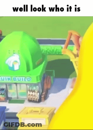 A Cartoon Of A Green Building With The Words `` Well Look Who It Is '' Written On It . GIF