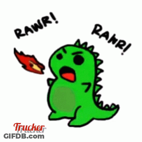A Cartoon Of A Green Dinosaur With A Fireball In Its Mouth And The Words Rawr ! GIF