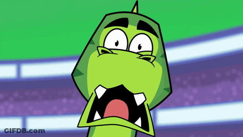 A Cartoon Of A Green Dinosaur With A Surprised Look On His Face GIF