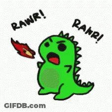 A Cartoon Of A Green Dinosaur With Its Mouth Open And The Words Rawr Written Above It . GIF