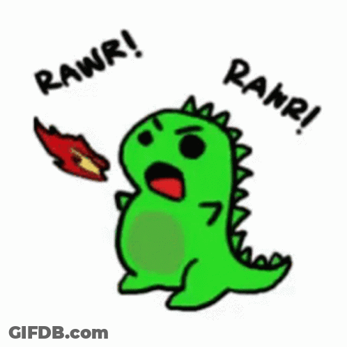 A Cartoon Of A Green Dinosaur With The Words Rawr ! GIF